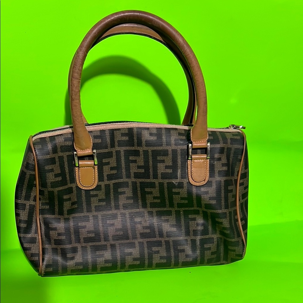 Fendi Brown Zucca Pattern Satchel with Tan Leather Handles